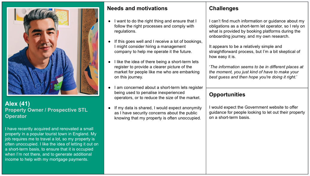 Screenshot of a persona from the pre-discovery report. The persona is called the ‘Prospective STL Operator’ and it contains a description, needs and motivations, challenges and opportunities.