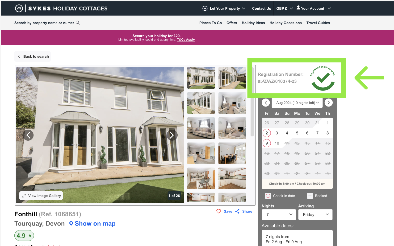 Screenshot of a mockup of the Sykes Holiday Cottages booking platform. Above the calendar, there is the words ‘Registration Number’ followed by a 12 digit registration number: ‘05/Z/AZ/010374-23’ and a digital badge, both highlighted by a green box and arrow. The badge features a green tick in the middle with the words 'Registered Short-Term Let' above it."