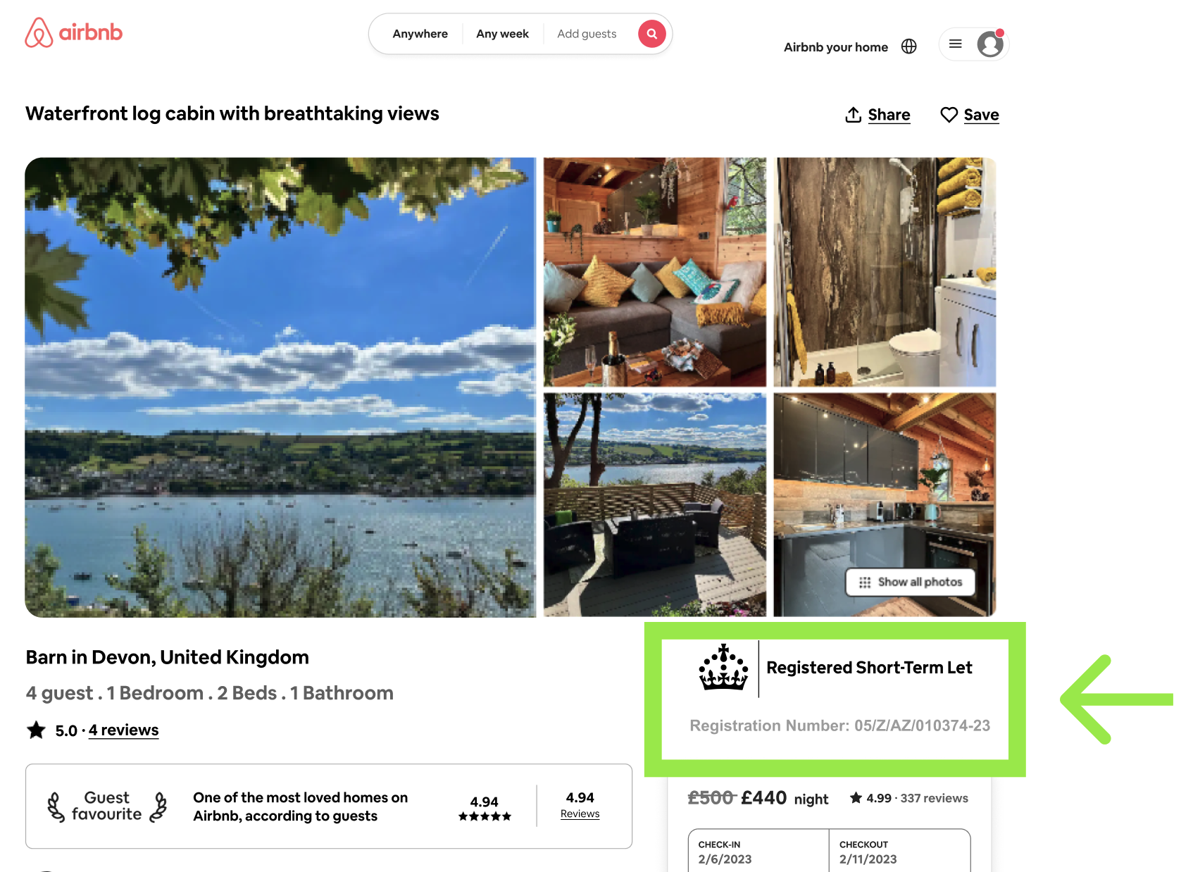 Screenshot of a mockup of the Airbnb booking platform. Below the images of the property, there is a digital badge which features the king's crown and the words ‘Registered Short-Term Let” followed by the words ‘Registration Number’ and the 12 digit number: ‘05/Z/AZ/010374-23’ beneath it, both are highlighted by a green box and arrow.