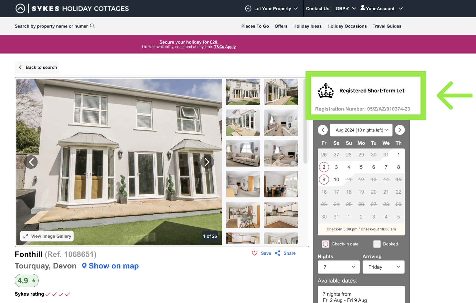 Screenshot of a mockup of the Sykes Holiday Cottages booking platform. Above the calendar, there is a digital badge which features the king's crown and the words ‘Registered Short-Term Let” followed by the words ‘Registration Number’ and the 12 digit number: ‘05/Z/AZ/010374-23’ beneath it, both are highlighted by a green box and arrow.
