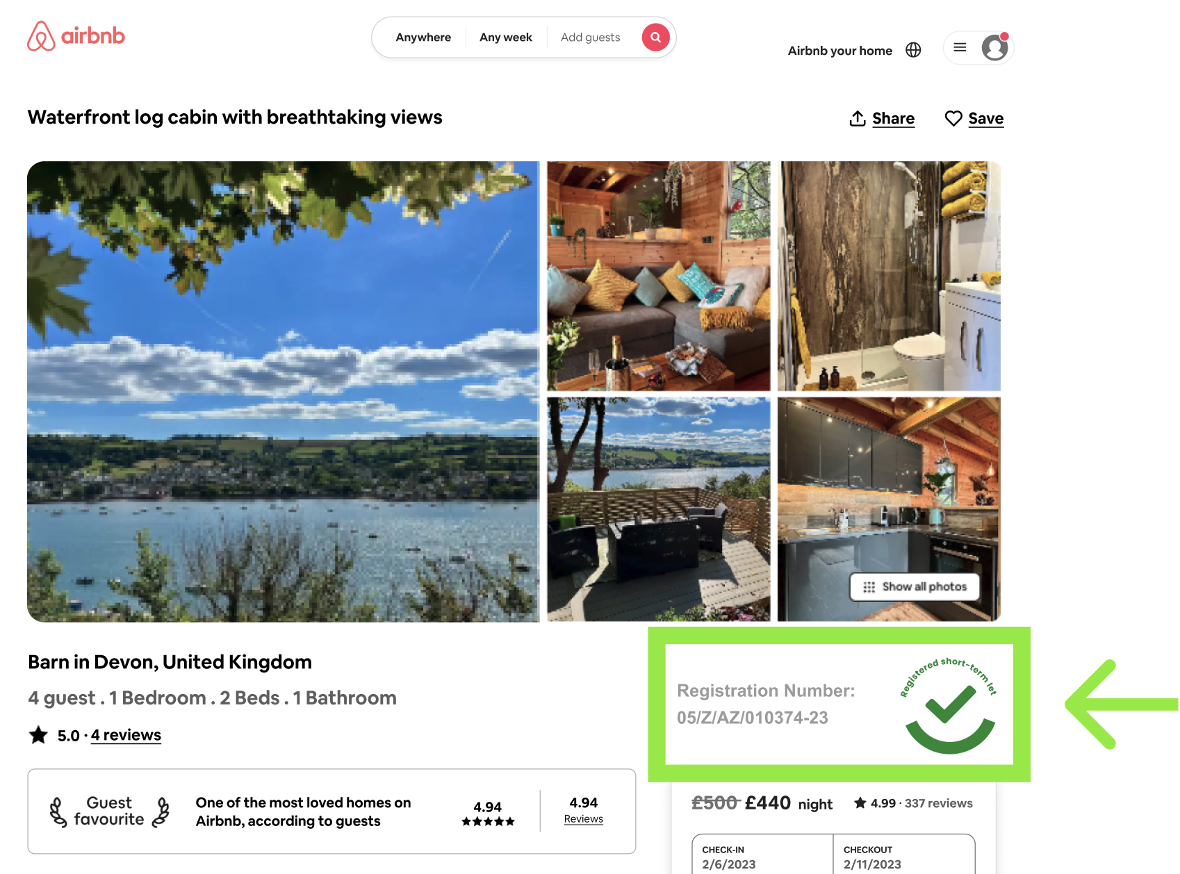 Screenshot of a mockup of the Airbnb booking platform. Below the images of the property, there is the words ‘Registration Number’ followed by a 12 digit registration number: ‘05/Z/AZ/010374-23’ and a digital badge, both highlighted by a green box and arrow. The badge features a green tick in the middle with the words 'Registered Short-Term Let' above it."