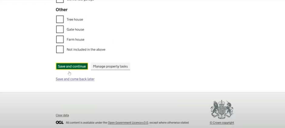 Screenshot of a page featuring checkboxes within a group labelled “other”. There are two buttons. One is a green action button that reads “save and continue” and the other is a secondary button that reads “Manage property tasks”, below this there is a link that reads “save and come back later