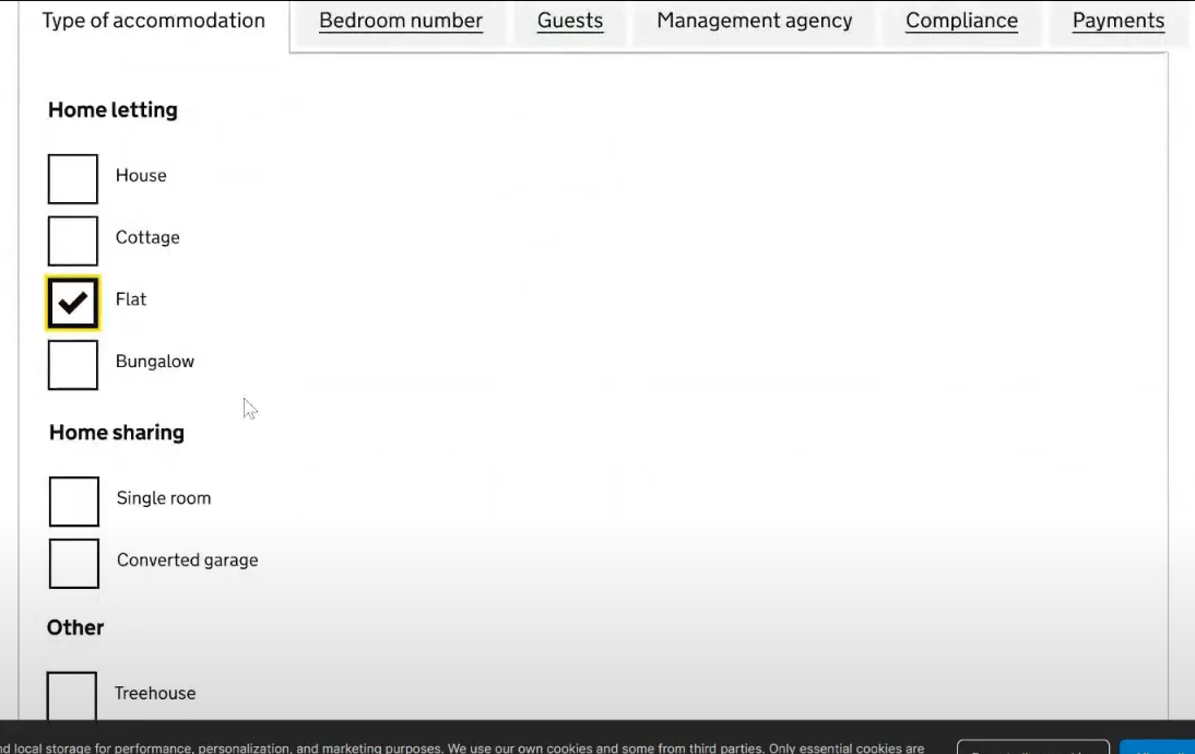 Screenshot of a page featuring a tabbed interface with tabs labelled ‘Type of accommodation’, ‘Bedroom number’, ‘guests’, ‘management agency’, ‘compliance’ and ‘payments’. Under the ‘Type of accommodation’ tab there are checkboxes organised into three groups: ‘Home letting’ ‘Home sharing’ and ‘Other’. There is one checked checkbox labelled ‘flat’ in the ‘Home letting’ group