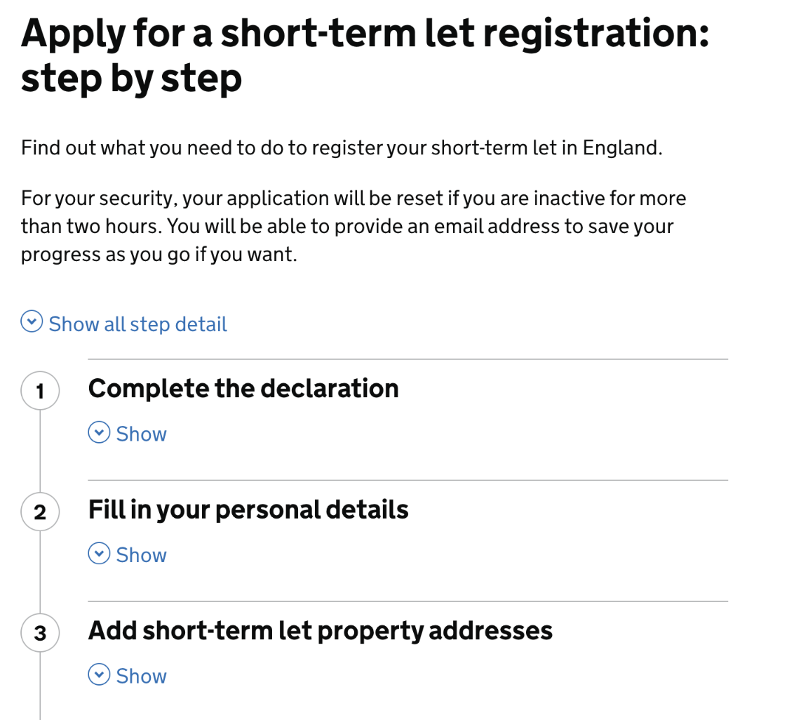 Screenshot of a page showing a heading that reads: ‘Apply for a short-term let registration: step by step’ it then has some subtext explaining how the page works. Beneath this is a step by step navigation pattern showing 3 steps of the journey of this application. The first three steps are “Complete the declaration” “Fill in your personal details” and “Add short-term let property addresses”