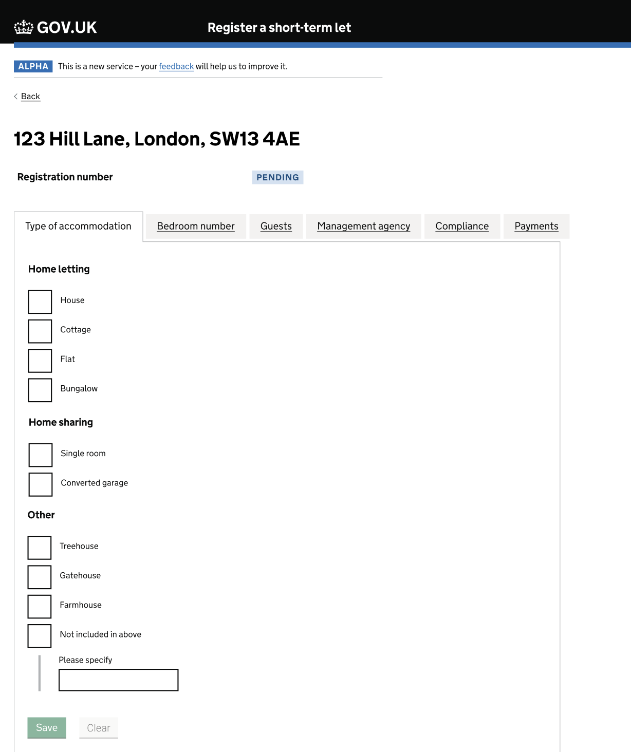 Screenshot of a page. The heading displays the property address, and there is a subheading that reads “registration number” with a blue tag that says ‘pending. The body of the page features a tabbed interface with tabs labelled ‘Type of accommodation’, ‘Bedroom number’, ‘guests’, ‘management agency’, ‘compliance’ and ‘payments’. Under the ‘Type of accommodation’ tab there are checkboxes organised into three groups: ‘Home letting’ ‘Home sharing’ and ‘Other.’