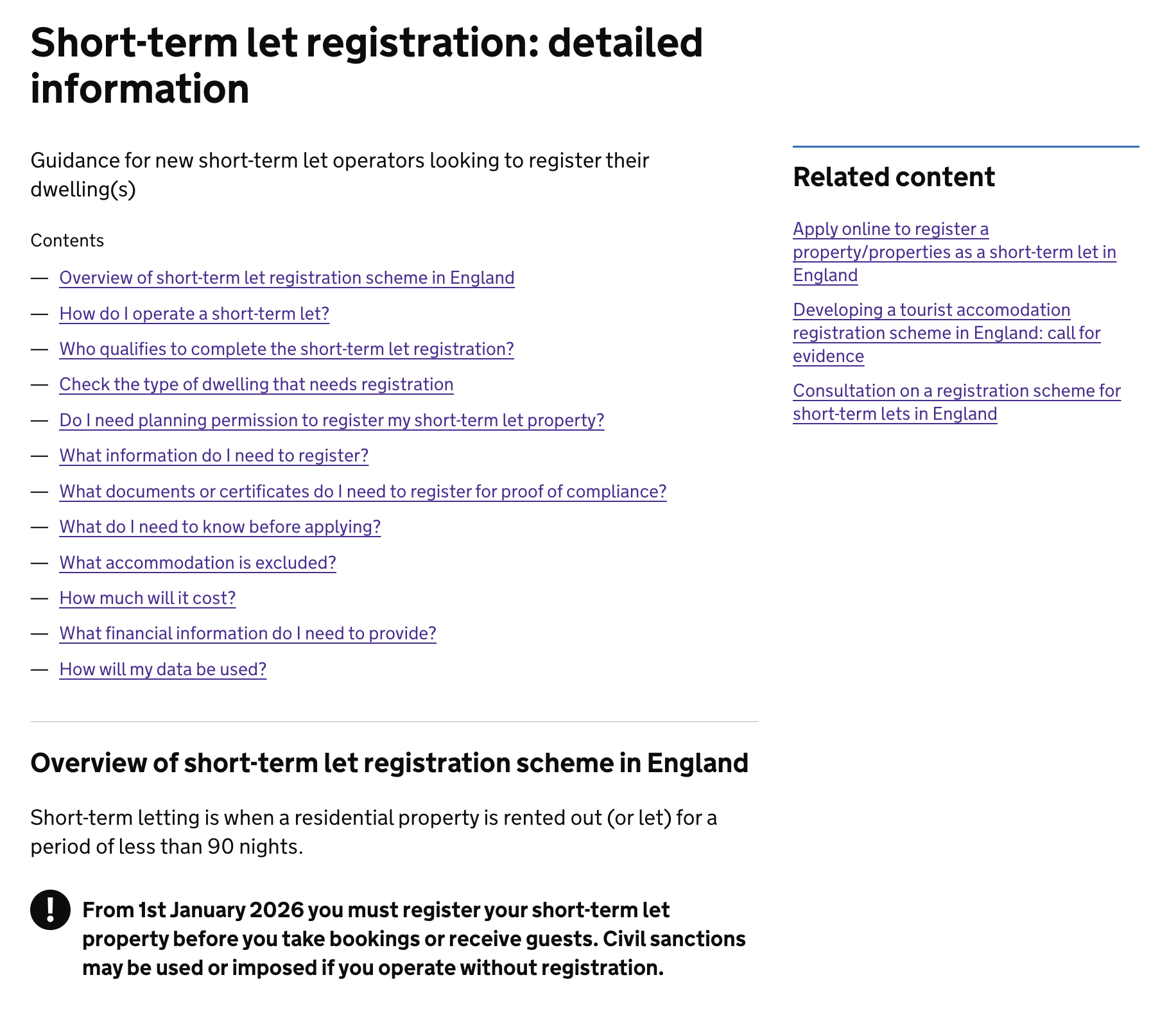 Screenshot of a page showing a heading that reads: ‘Short-term let registration: detailed information’. Beneath it states “Guidance for new short-term let operators looking to register their dwelling(s)” The page features multiple links providing guidance for new short-term let operators looking to register their dwelling(s). Beneath the links there is the text that explains the content behind each link. To the right, there is Related content directing users back to the main application or to other relevant pages.