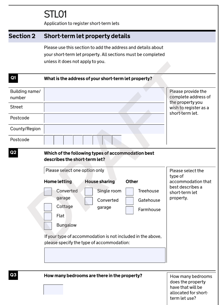 The screenshot shows how the ‘Short-term let property details’ questions were replicated in the paper form, and also how the guidance was displayed.