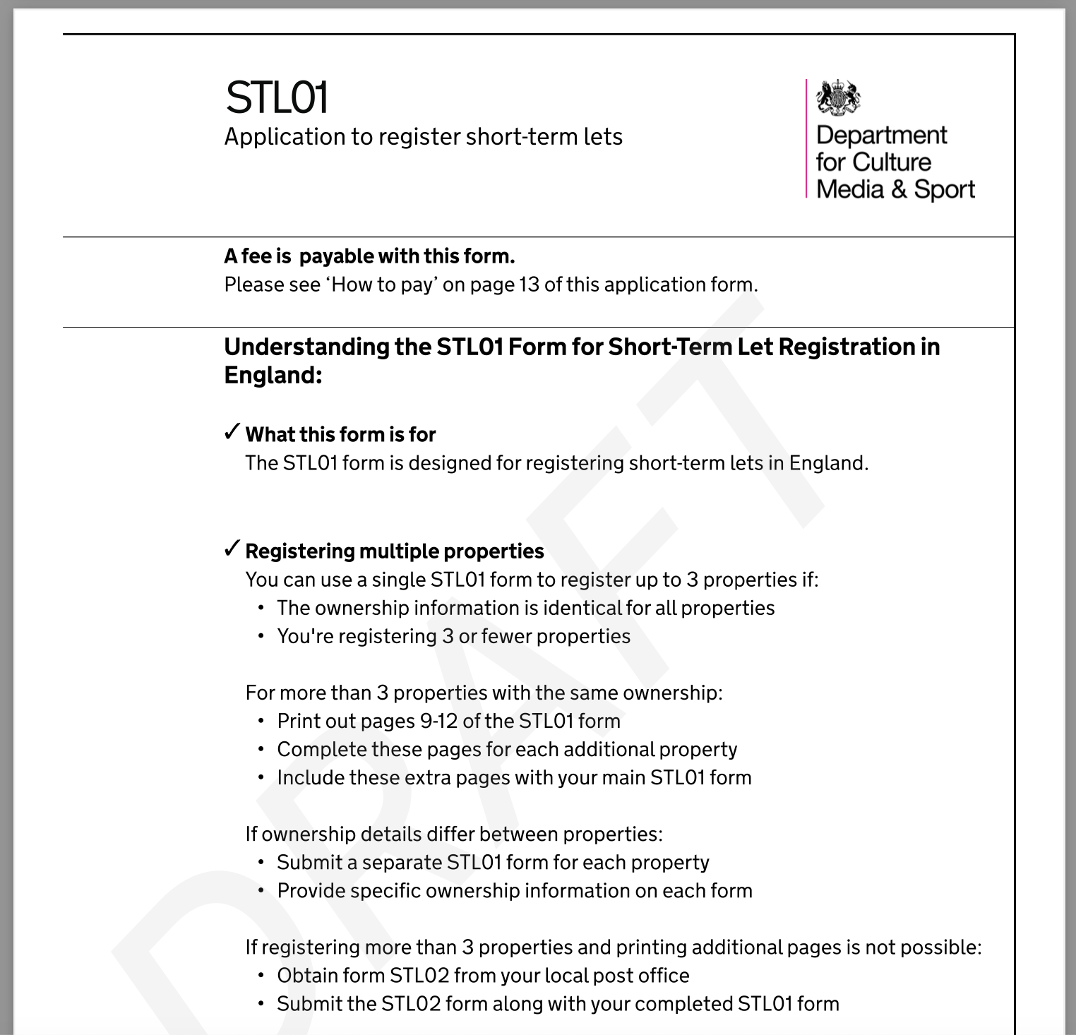 The screenshot shows the first guidance page of the ‘STL01 Application to register short-term lets’ paper form.