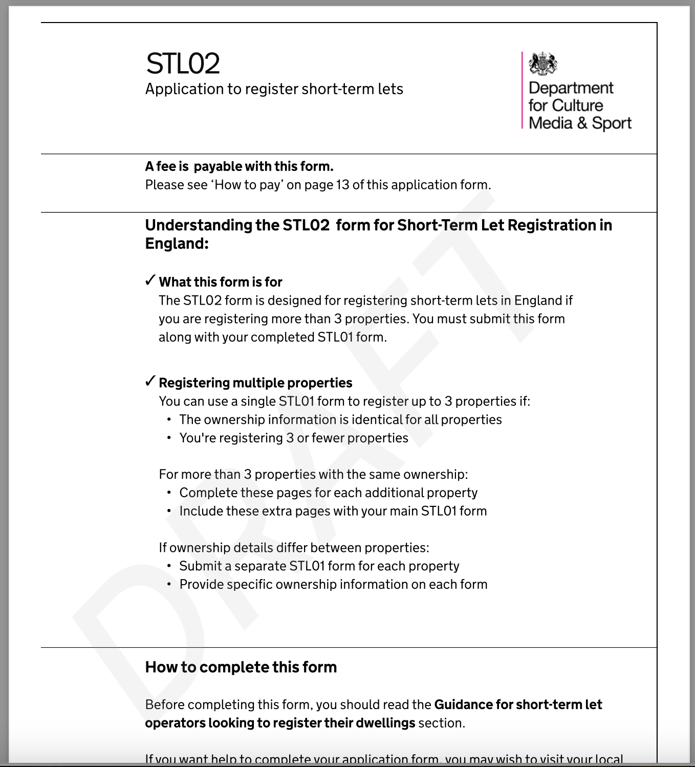 The screenshot shows the first guidance page of the ‘STL02 Application to register short-term lets’ paper form, which allowed the user to register more than three properties.